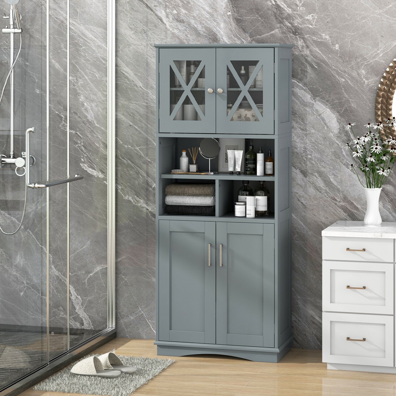 57-Inch Tall Freestanding Bathroom Storage Cabinet with 3 Adjustable Shelves and Acrylic Doors